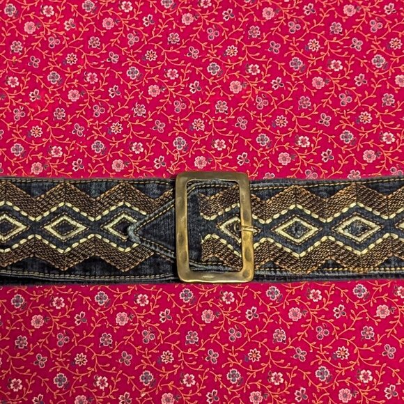 Vintage Embroidered Denim Belt Boho Western Coastal Cowgirl 90\'s Bronze Buckle‎ main image 6